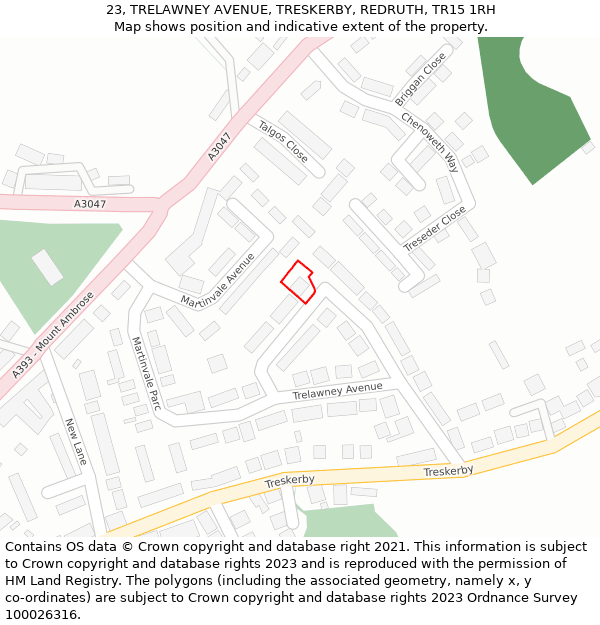 23, TRELAWNEY AVENUE, TRESKERBY, REDRUTH, TR15 1RH: Location map and indicative extent of plot