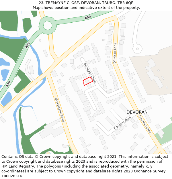 23, TREMAYNE CLOSE, DEVORAN, TRURO, TR3 6QE: Location map and indicative extent of plot