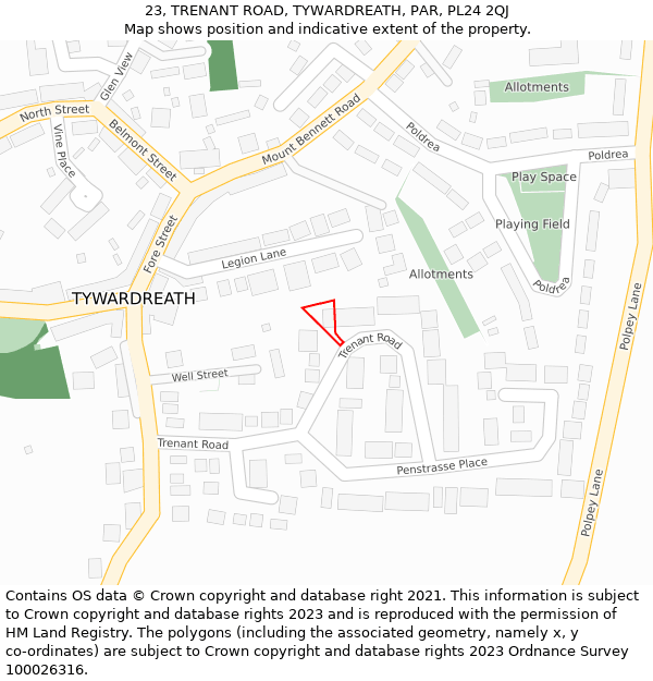 23, TRENANT ROAD, TYWARDREATH, PAR, PL24 2QJ: Location map and indicative extent of plot