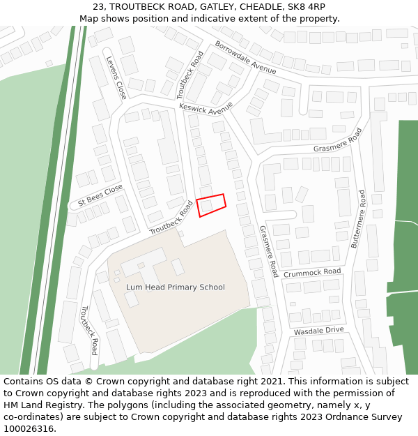 23, TROUTBECK ROAD, GATLEY, CHEADLE, SK8 4RP: Location map and indicative extent of plot