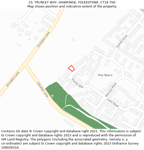 23, TRUNLEY WAY, HAWKINGE, FOLKESTONE, CT18 7SD: Location map and indicative extent of plot