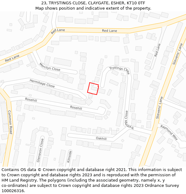 23, TRYSTINGS CLOSE, CLAYGATE, ESHER, KT10 0TF: Location map and indicative extent of plot