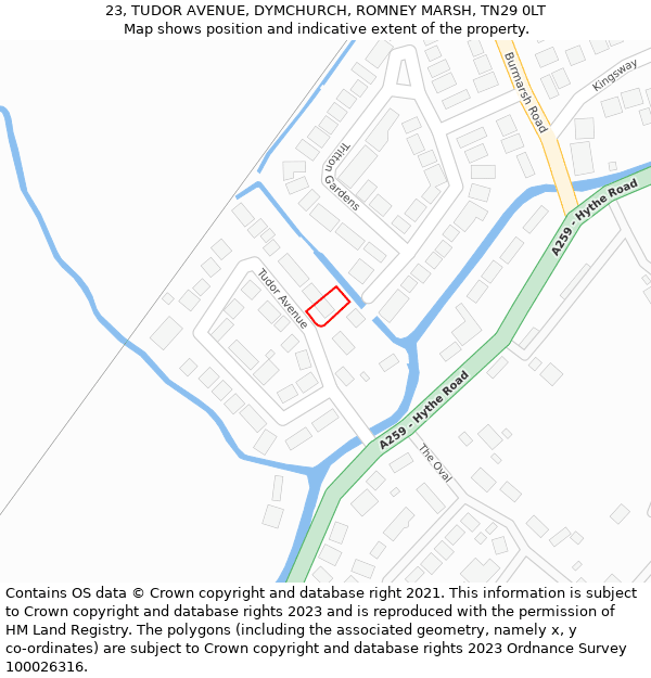 23, TUDOR AVENUE, DYMCHURCH, ROMNEY MARSH, TN29 0LT: Location map and indicative extent of plot