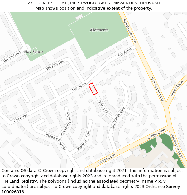 23, TULKERS CLOSE, PRESTWOOD, GREAT MISSENDEN, HP16 0SH: Location map and indicative extent of plot