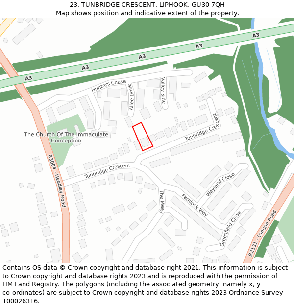 23, TUNBRIDGE CRESCENT, LIPHOOK, GU30 7QH: Location map and indicative extent of plot