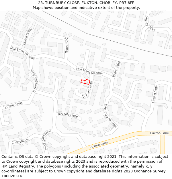 23, TURNBURY CLOSE, EUXTON, CHORLEY, PR7 6FF: Location map and indicative extent of plot