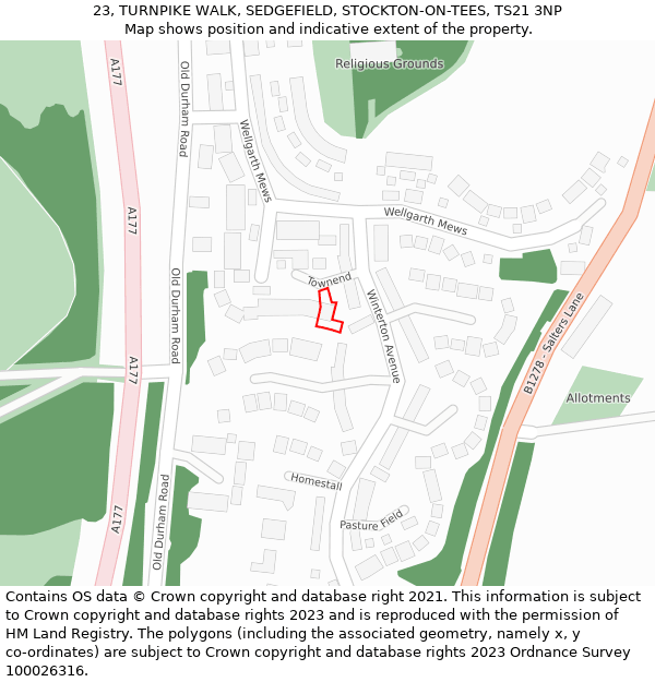 23, TURNPIKE WALK, SEDGEFIELD, STOCKTON-ON-TEES, TS21 3NP: Location map and indicative extent of plot