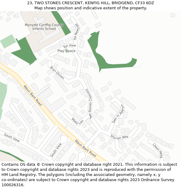 23, TWO STONES CRESCENT, KENFIG HILL, BRIDGEND, CF33 6DZ: Location map and indicative extent of plot