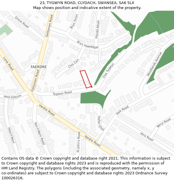 23, TYGWYN ROAD, CLYDACH, SWANSEA, SA6 5LX: Location map and indicative extent of plot