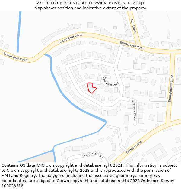 23, TYLER CRESCENT, BUTTERWICK, BOSTON, PE22 0JT: Location map and indicative extent of plot