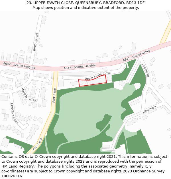 23, UPPER FAWTH CLOSE, QUEENSBURY, BRADFORD, BD13 1DF: Location map and indicative extent of plot