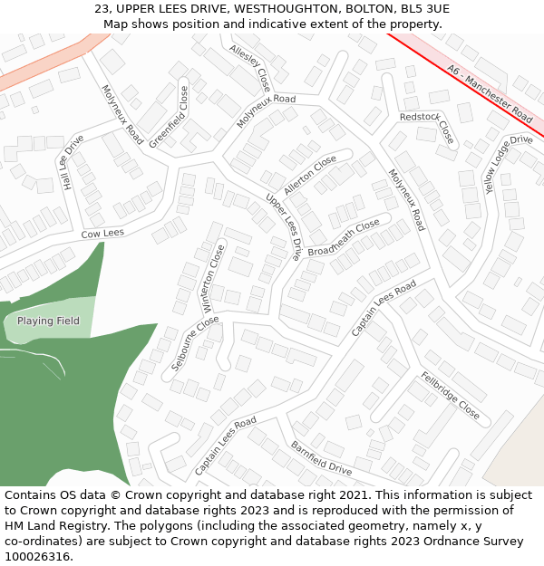 23, UPPER LEES DRIVE, WESTHOUGHTON, BOLTON, BL5 3UE: Location map and indicative extent of plot