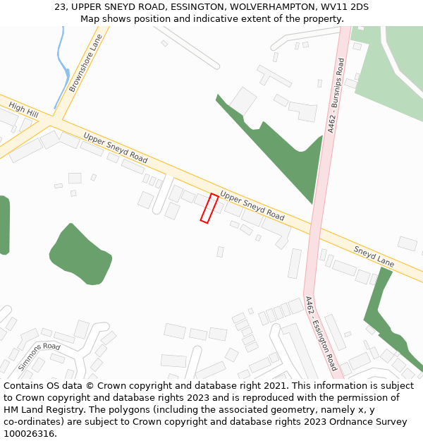 23, UPPER SNEYD ROAD, ESSINGTON, WOLVERHAMPTON, WV11 2DS: Location map and indicative extent of plot
