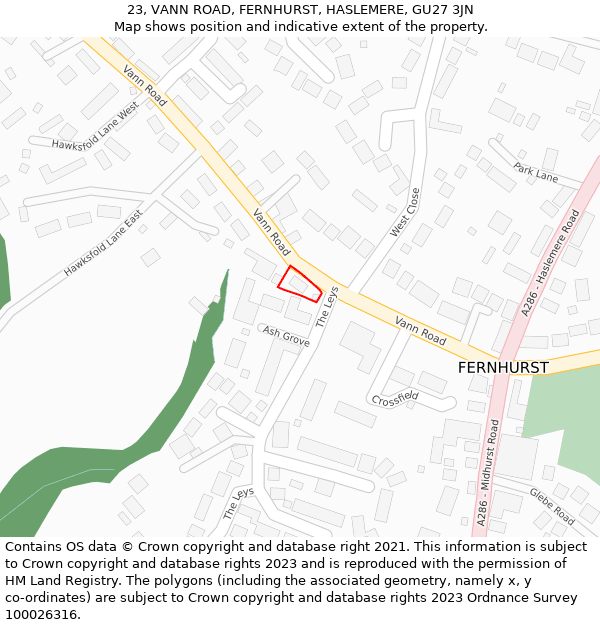 23, VANN ROAD, FERNHURST, HASLEMERE, GU27 3JN: Location map and indicative extent of plot