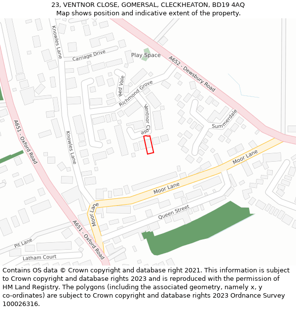 23, VENTNOR CLOSE, GOMERSAL, CLECKHEATON, BD19 4AQ: Location map and indicative extent of plot