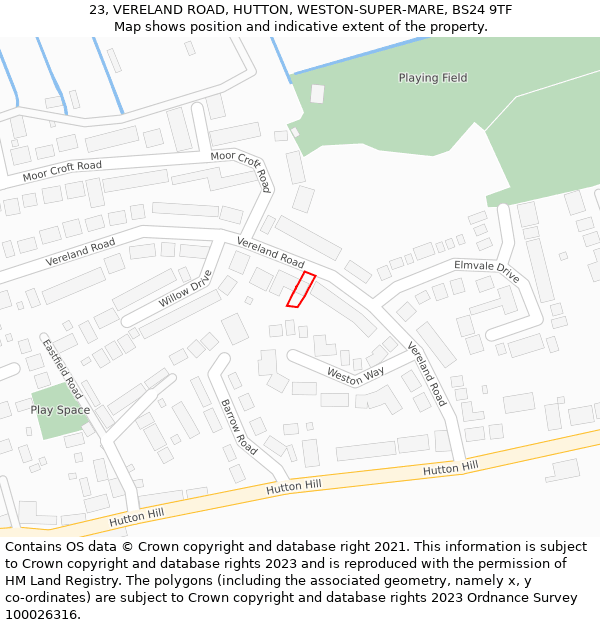 23, VERELAND ROAD, HUTTON, WESTON-SUPER-MARE, BS24 9TF: Location map and indicative extent of plot