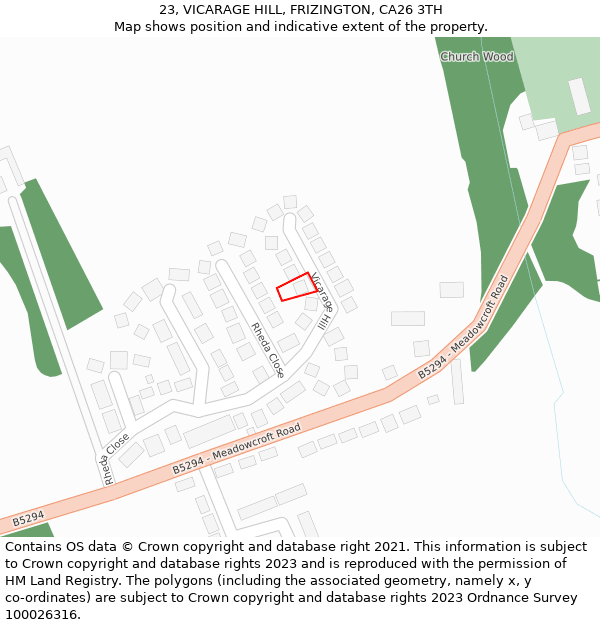 23, VICARAGE HILL, FRIZINGTON, CA26 3TH: Location map and indicative extent of plot