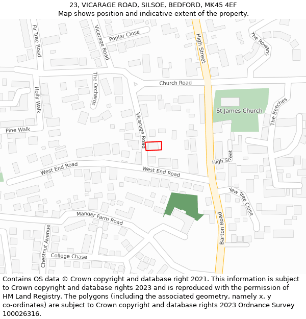 23, VICARAGE ROAD, SILSOE, BEDFORD, MK45 4EF: Location map and indicative extent of plot