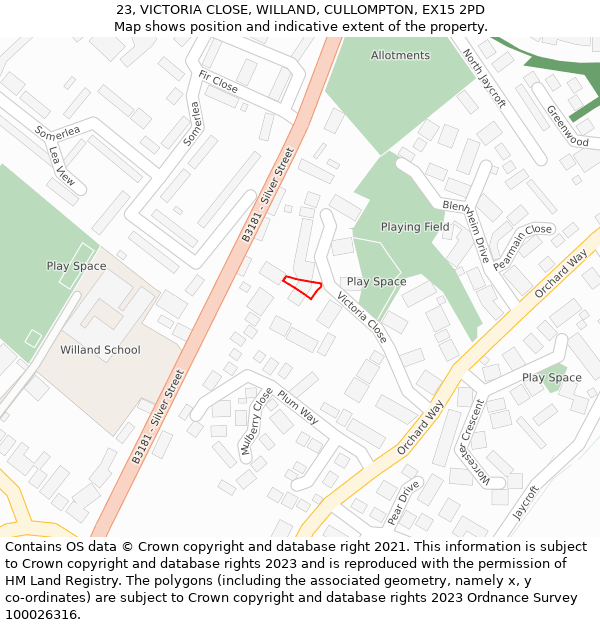 23, VICTORIA CLOSE, WILLAND, CULLOMPTON, EX15 2PD: Location map and indicative extent of plot