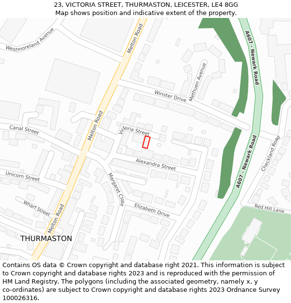 23, VICTORIA STREET, THURMASTON, LEICESTER, LE4 8GG: Location map and indicative extent of plot