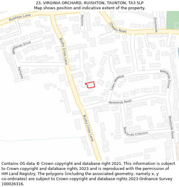 23, VIRGINIA ORCHARD, RUISHTON, TAUNTON, TA3 5LP: Location map and indicative extent of plot