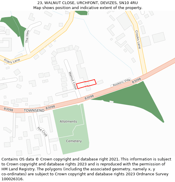 23, WALNUT CLOSE, URCHFONT, DEVIZES, SN10 4RU: Location map and indicative extent of plot