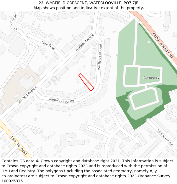 23, WARFIELD CRESCENT, WATERLOOVILLE, PO7 7JR: Location map and indicative extent of plot