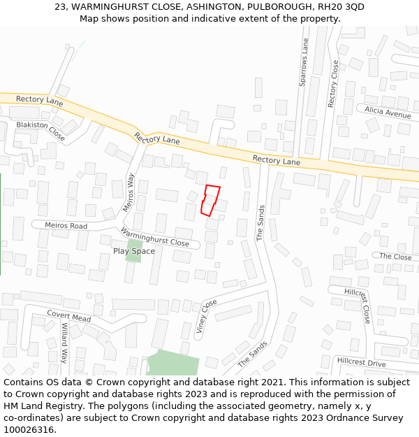 23, WARMINGHURST CLOSE, ASHINGTON, PULBOROUGH, RH20 3QD: Location map and indicative extent of plot