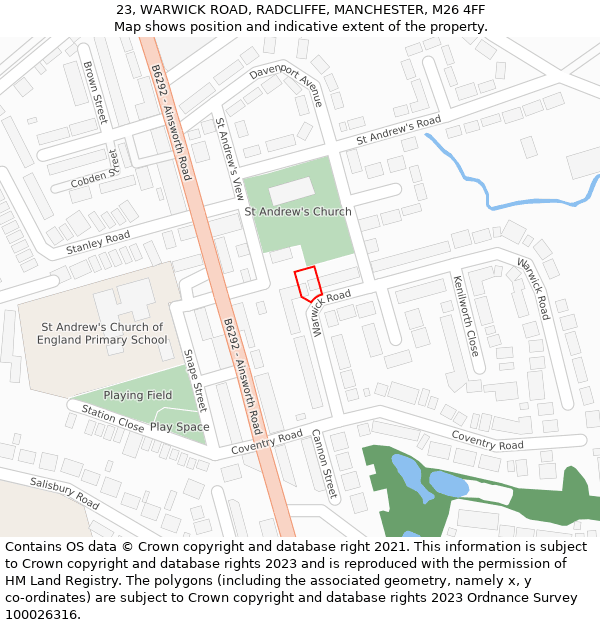 23, WARWICK ROAD, RADCLIFFE, MANCHESTER, M26 4FF: Location map and indicative extent of plot