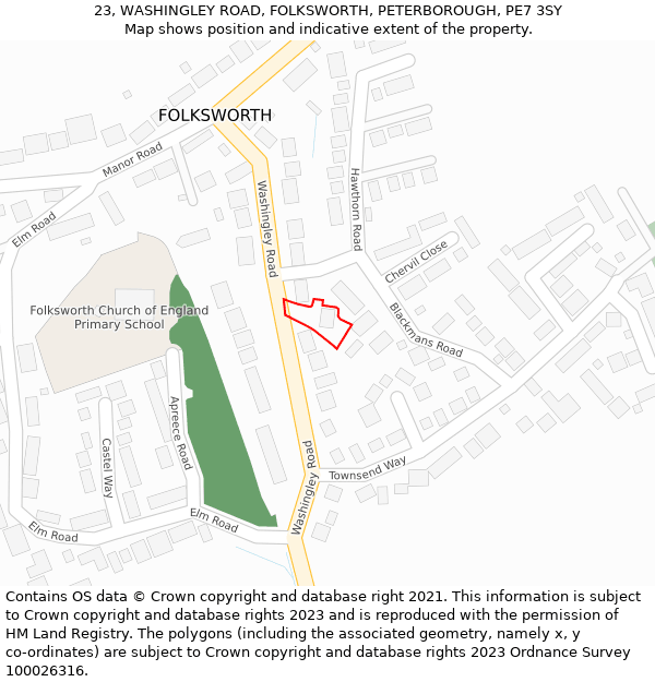 23, WASHINGLEY ROAD, FOLKSWORTH, PETERBOROUGH, PE7 3SY: Location map and indicative extent of plot