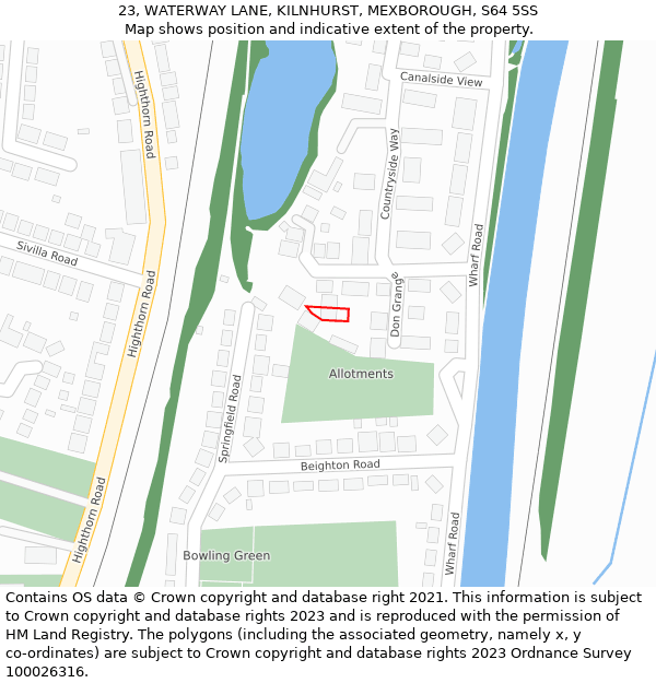 23, WATERWAY LANE, KILNHURST, MEXBOROUGH, S64 5SS: Location map and indicative extent of plot