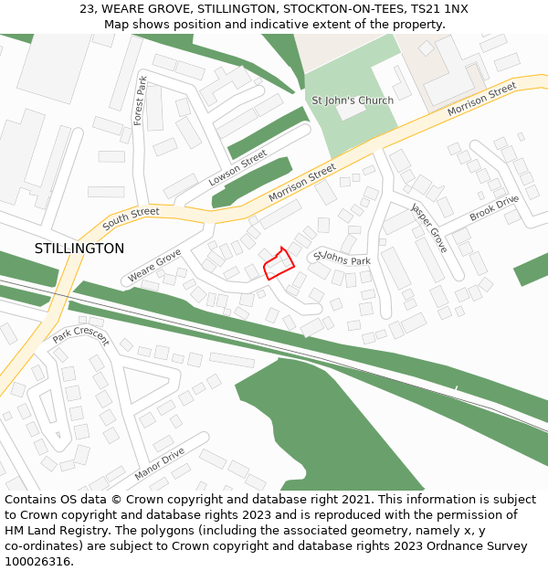 23, WEARE GROVE, STILLINGTON, STOCKTON-ON-TEES, TS21 1NX: Location map and indicative extent of plot