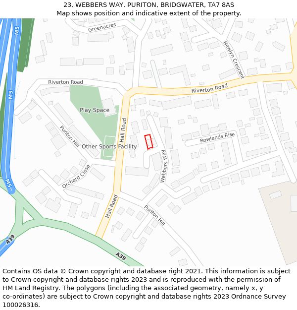 23, WEBBERS WAY, PURITON, BRIDGWATER, TA7 8AS: Location map and indicative extent of plot