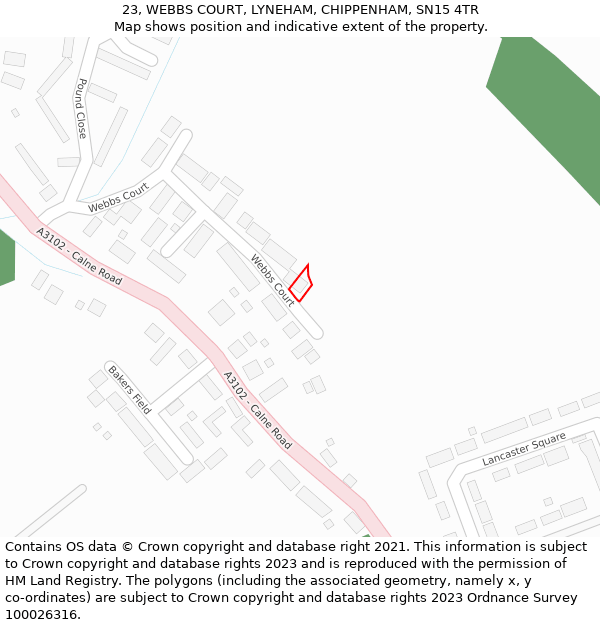 23, WEBBS COURT, LYNEHAM, CHIPPENHAM, SN15 4TR: Location map and indicative extent of plot