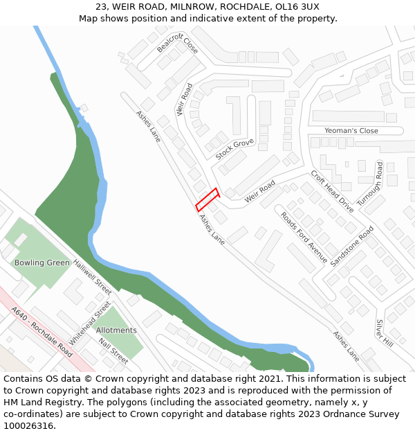 23, WEIR ROAD, MILNROW, ROCHDALE, OL16 3UX: Location map and indicative extent of plot