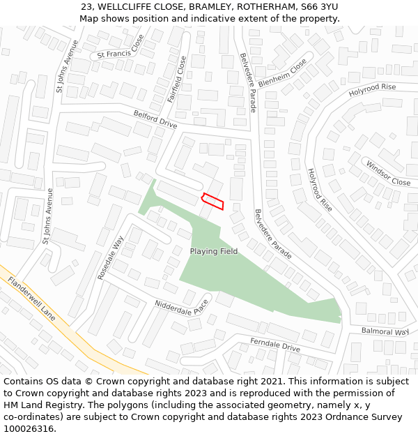 23, WELLCLIFFE CLOSE, BRAMLEY, ROTHERHAM, S66 3YU: Location map and indicative extent of plot