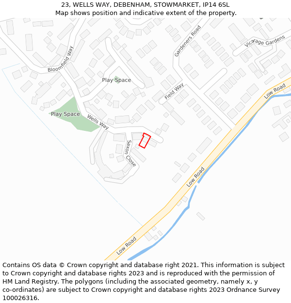 23, WELLS WAY, DEBENHAM, STOWMARKET, IP14 6SL: Location map and indicative extent of plot