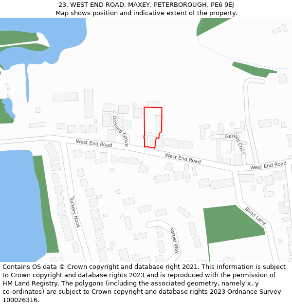 23, WEST END ROAD, MAXEY, PETERBOROUGH, PE6 9EJ: Location map and indicative extent of plot