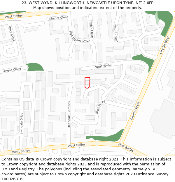 23, WEST WYND, KILLINGWORTH, NEWCASTLE UPON TYNE, NE12 6FP: Location map and indicative extent of plot