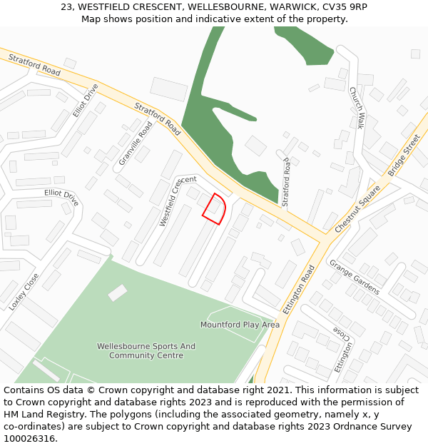 23, WESTFIELD CRESCENT, WELLESBOURNE, WARWICK, CV35 9RP: Location map and indicative extent of plot