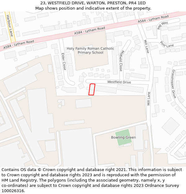 23, WESTFIELD DRIVE, WARTON, PRESTON, PR4 1ED: Location map and indicative extent of plot