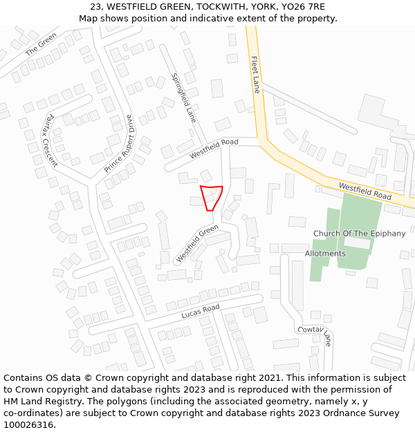 23, WESTFIELD GREEN, TOCKWITH, YORK, YO26 7RE: Location map and indicative extent of plot