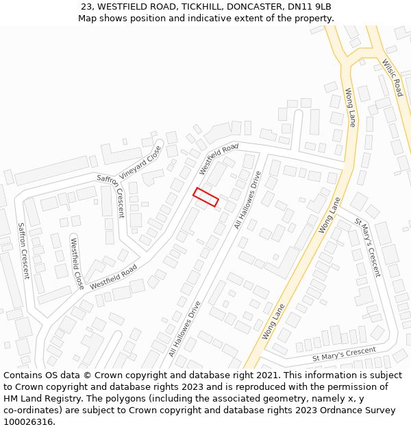 23, WESTFIELD ROAD, TICKHILL, DONCASTER, DN11 9LB: Location map and indicative extent of plot