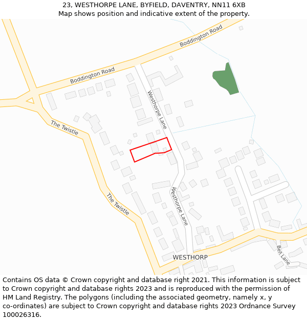 23, WESTHORPE LANE, BYFIELD, DAVENTRY, NN11 6XB: Location map and indicative extent of plot