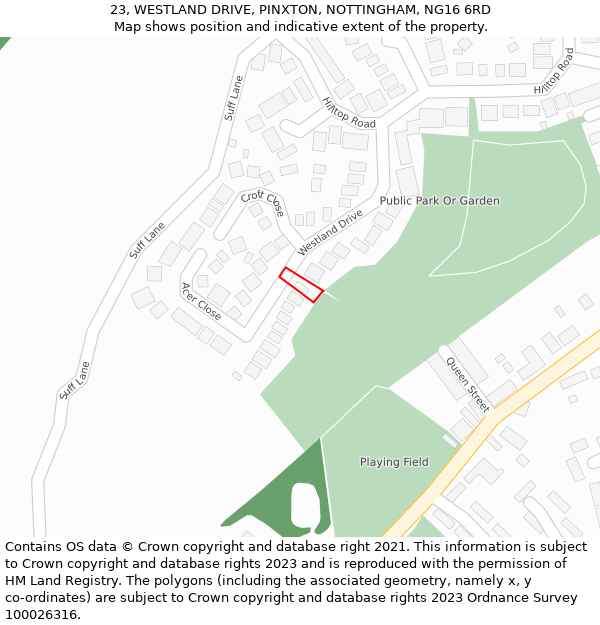 23, WESTLAND DRIVE, PINXTON, NOTTINGHAM, NG16 6RD: Location map and indicative extent of plot