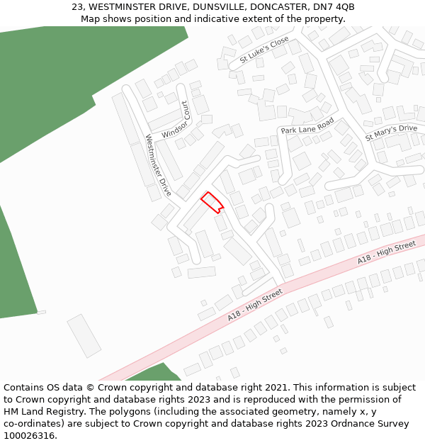 23, WESTMINSTER DRIVE, DUNSVILLE, DONCASTER, DN7 4QB: Location map and indicative extent of plot