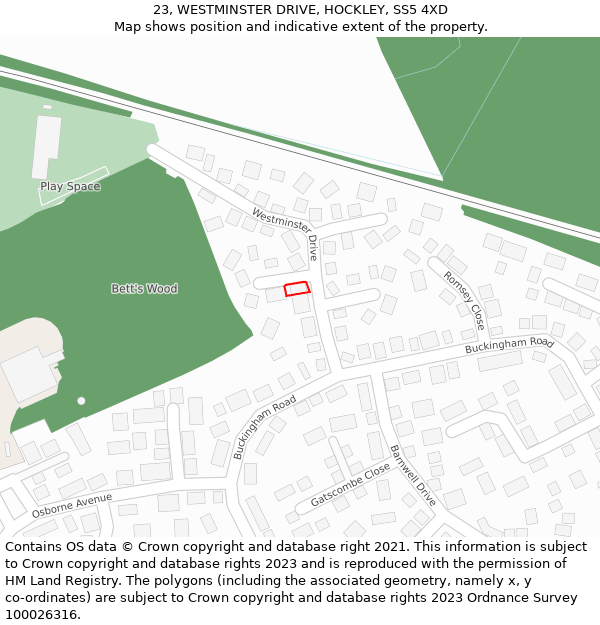 23, WESTMINSTER DRIVE, HOCKLEY, SS5 4XD: Location map and indicative extent of plot