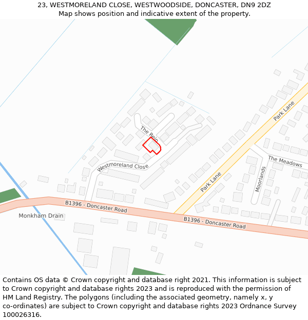 23, WESTMORELAND CLOSE, WESTWOODSIDE, DONCASTER, DN9 2DZ: Location map and indicative extent of plot