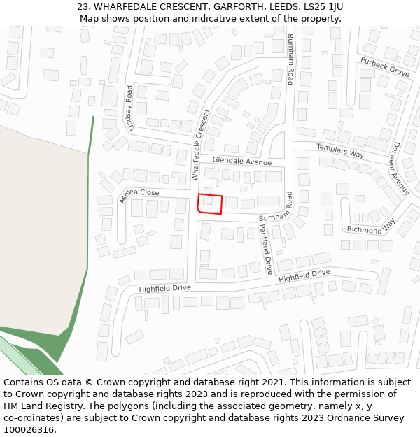 23, WHARFEDALE CRESCENT, GARFORTH, LEEDS, LS25 1JU: Location map and indicative extent of plot