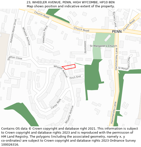 23, WHEELER AVENUE, PENN, HIGH WYCOMBE, HP10 8EN: Location map and indicative extent of plot